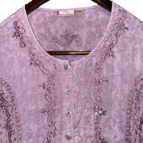 L’Pogee Vintage Mauve Lavender Button Embroidered Short Sleeve Blouse Whimsy - Picture 7 of 13